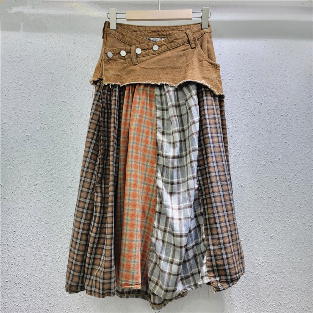 Plaid Patchwork Midi Skirt with Denim Waist for Women - Carlotta