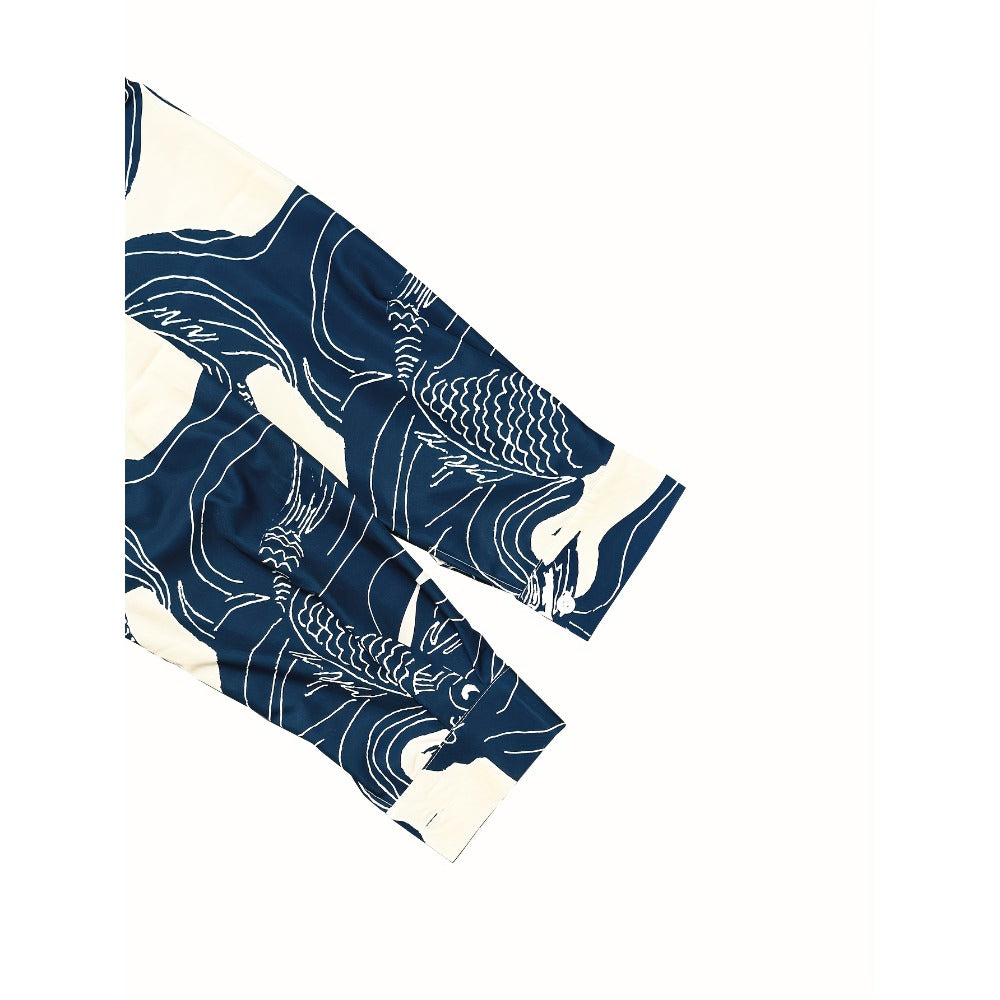 Navy Blue Fish Print Button-Down Shirt for Women - Livia