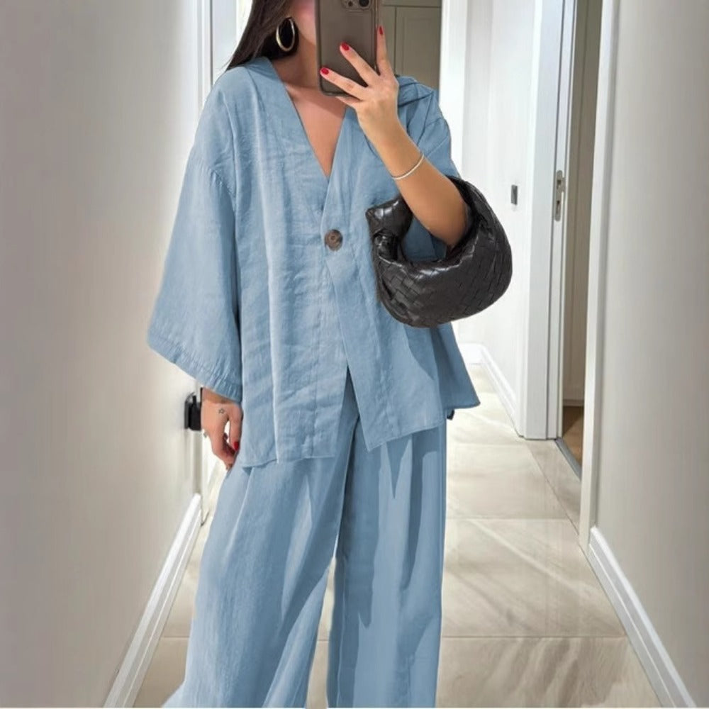 V-Neck Wide Leg Two Piece Pants Set for Women - Rebecca