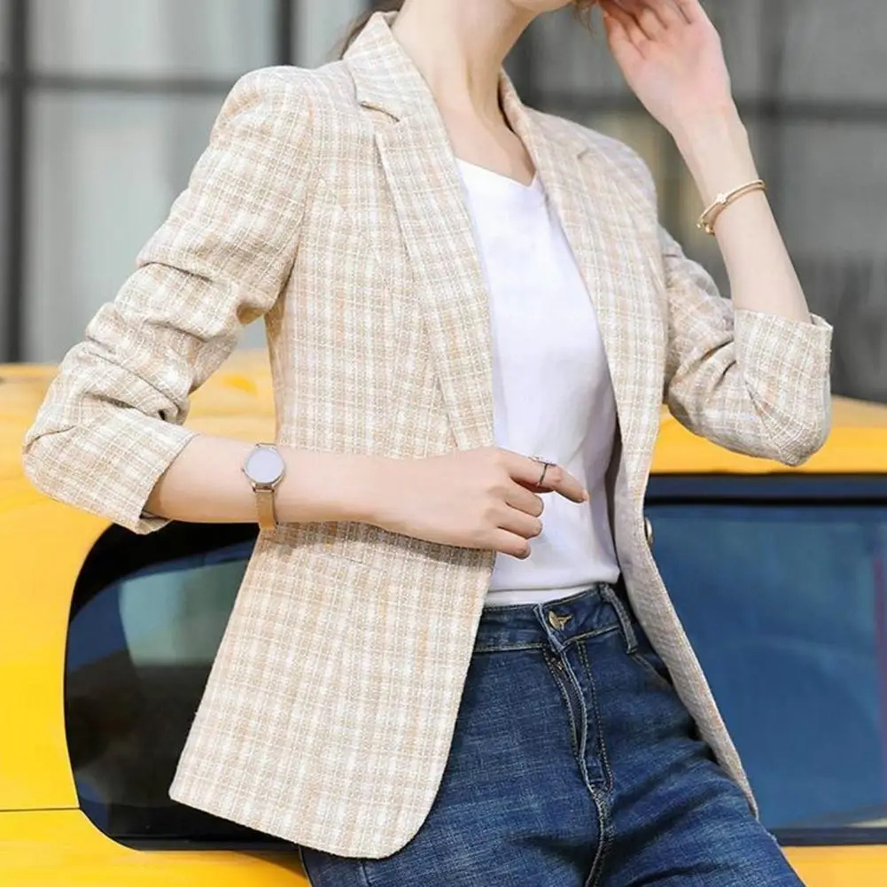 Classic Checkered Single Button Blazer Jacket for Women