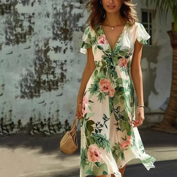 Women’s Green Floral Midi Dress with Elegant Design