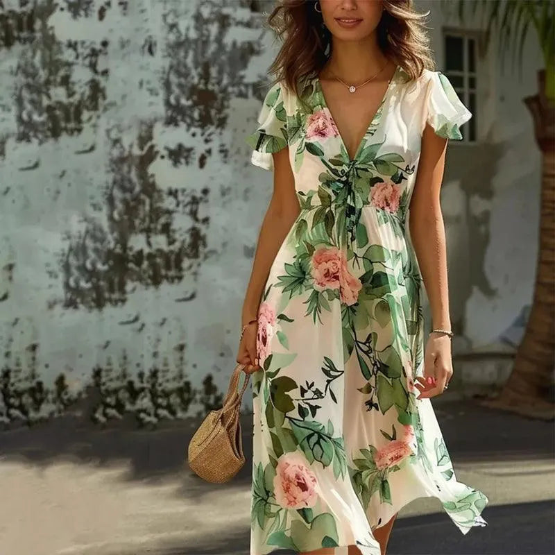 Women’s Green Floral Midi Dress with Elegant Design