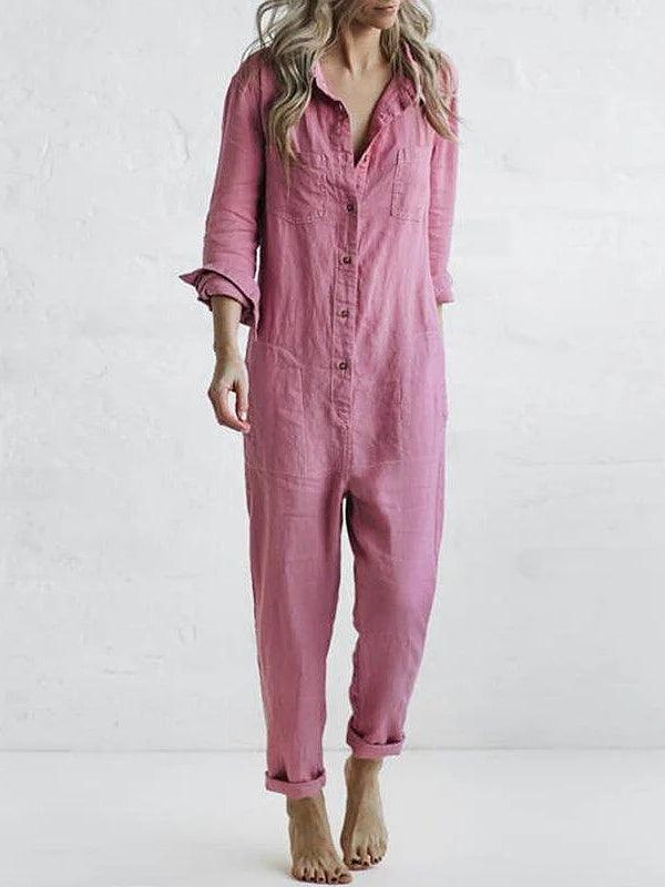 Women’s Button Up Jumpsuit with Short Sleeves and Pockets