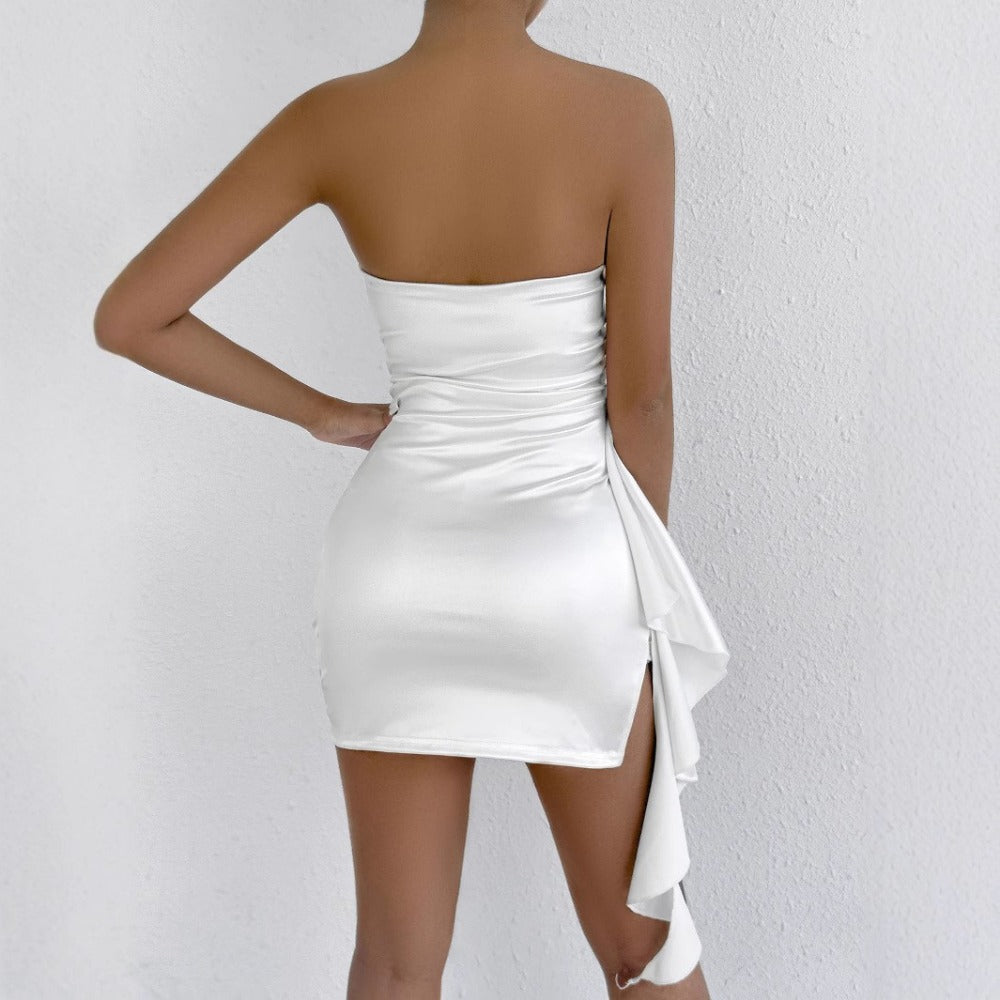 White Strapless Ruched Mini Dress with Side Drape for Women - Elda