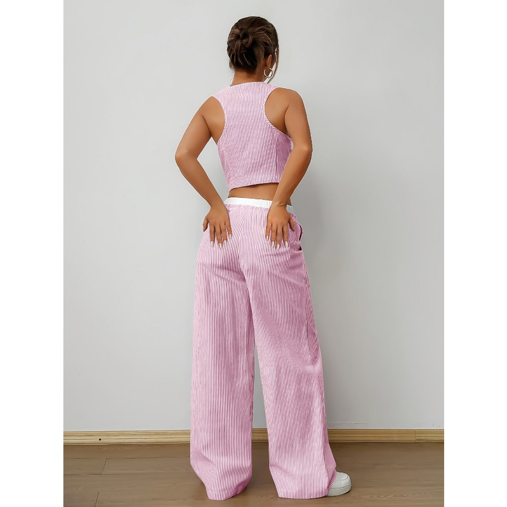 Striped Two Piece Wide Leg Pants Set for Women - Debora