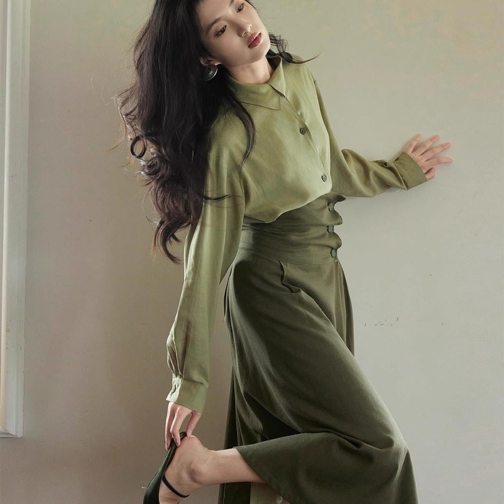 Olive Green Two Piece Long Sleeve Top and Skirt Set for Women - Giusy