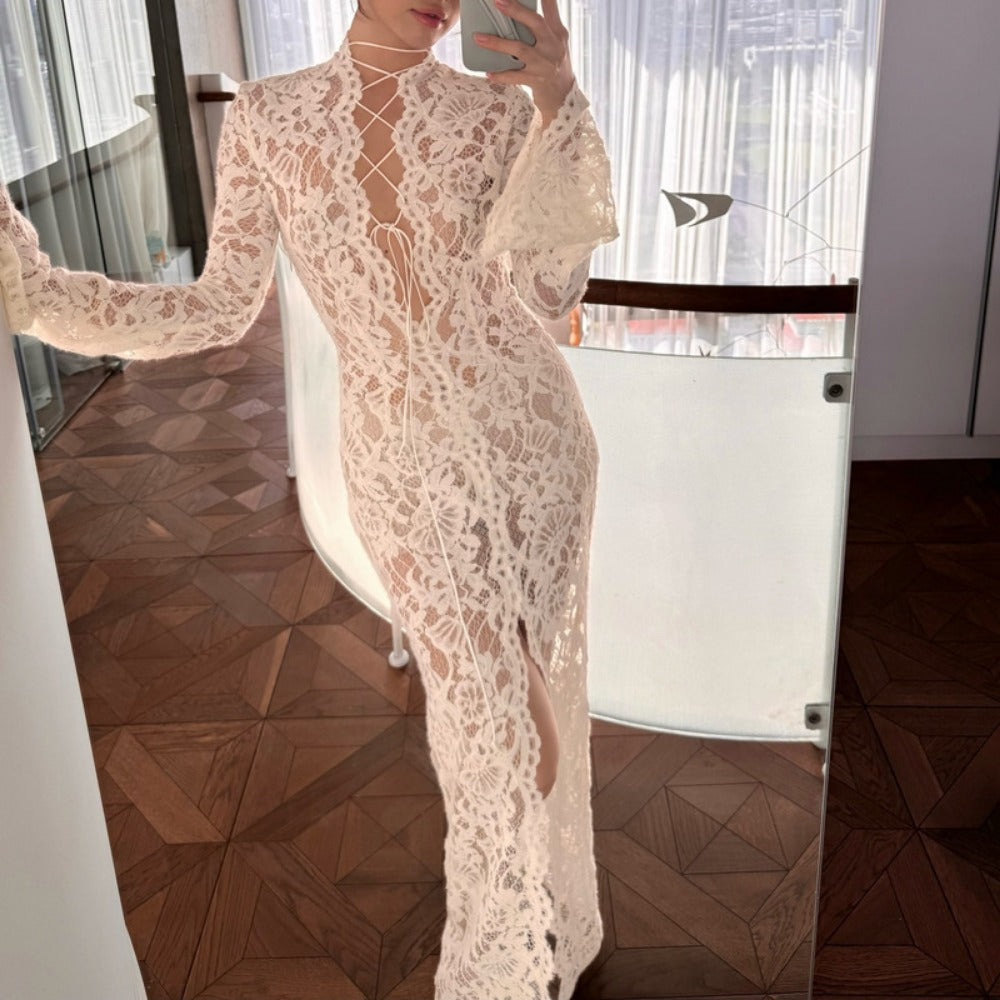 White Lace Maxi Dress with Front Slit for Women - Giuditta