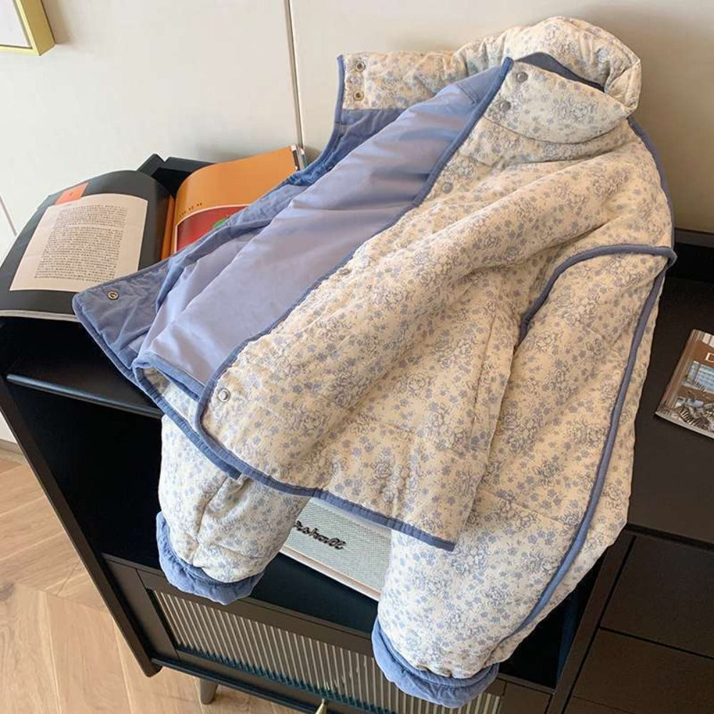 Light Blue Floral Quilted Jacket with Snap Buttons for Women - Sabrina