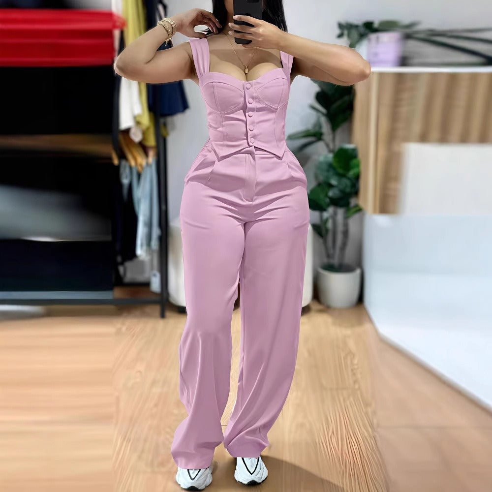 Sleeveless Button Top and Wide Leg Pants Set for Women - Barbara