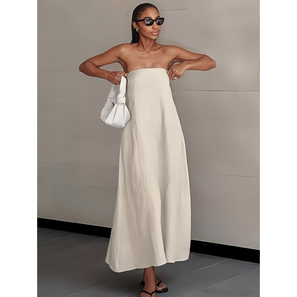 Beige Strapless Maxi Dress with Flowing Silhouette for Women - Margherita