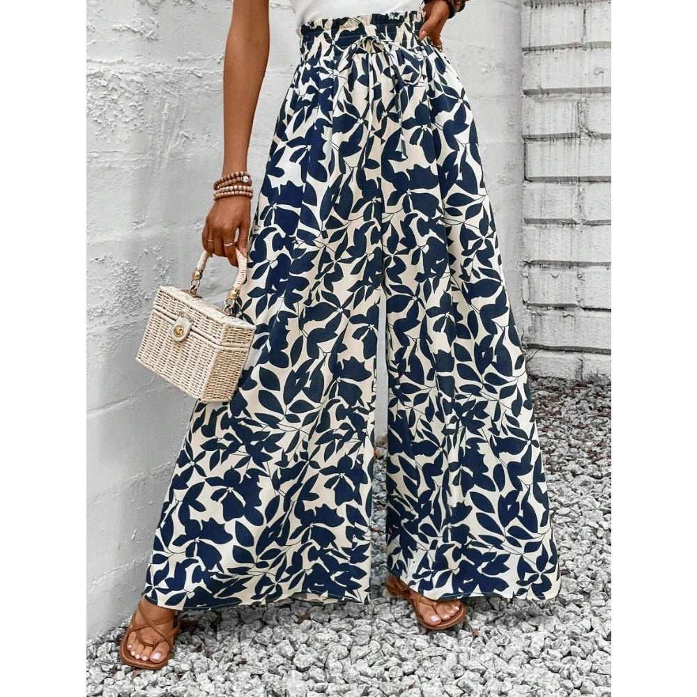 Navy Blue Floral Print Wide Leg Pants for Wome - Ornella