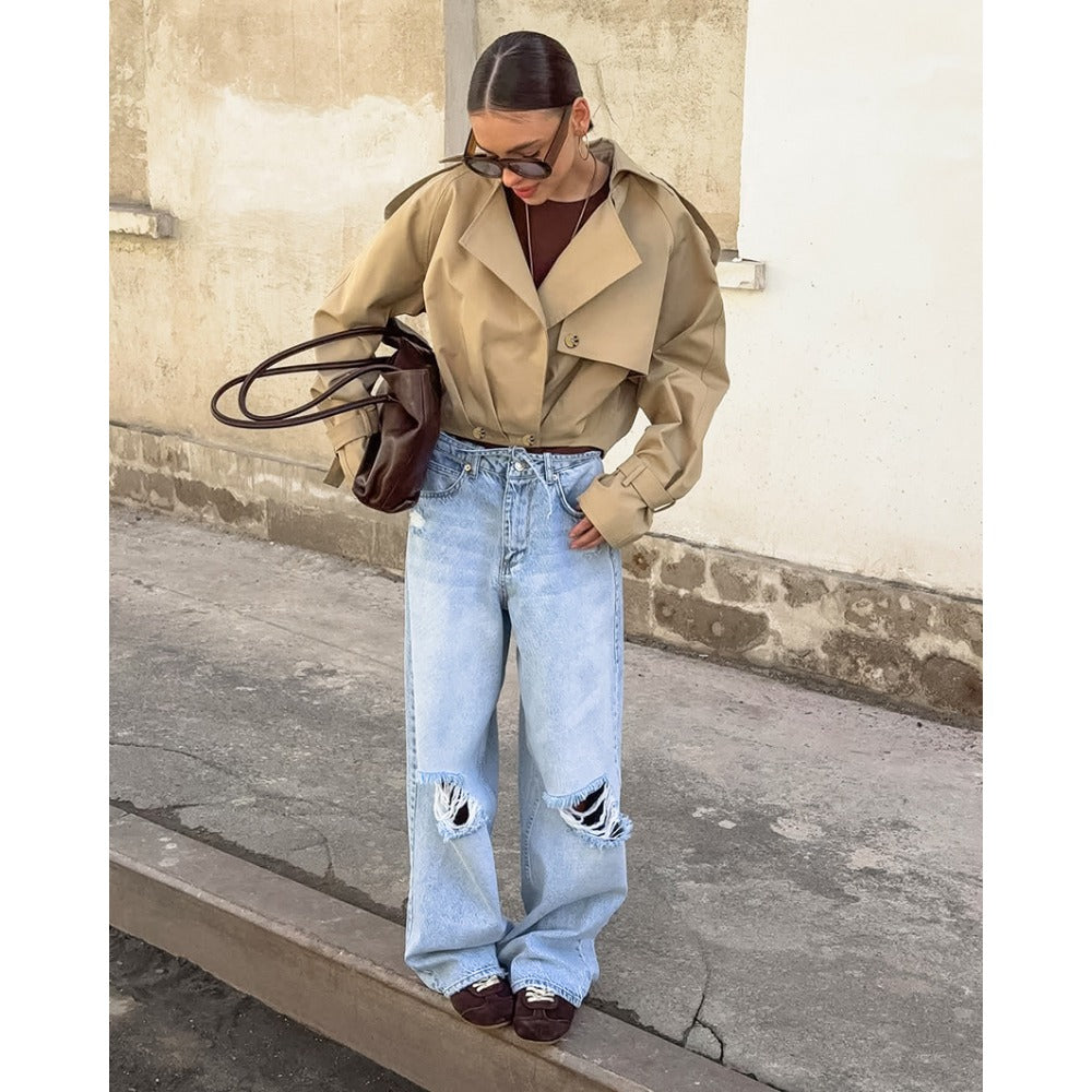 Khaki Cropped Trench Coat with Wide Collar for Women - Romana