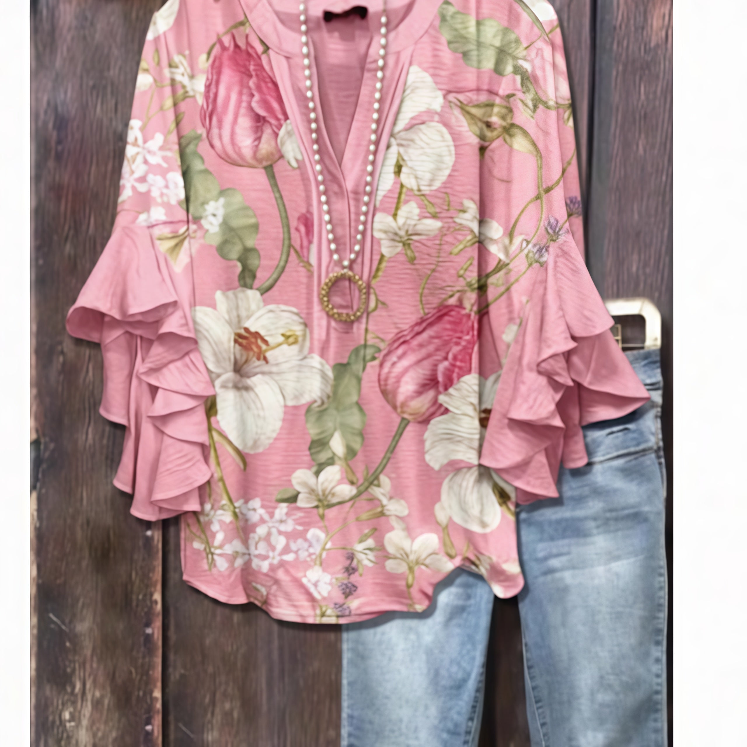 Floral Print Ruffle Sleeve Blouse Top for Women - Rossana