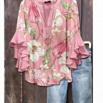 Floral Print Ruffle Sleeve Blouse Top for Women - Rossana