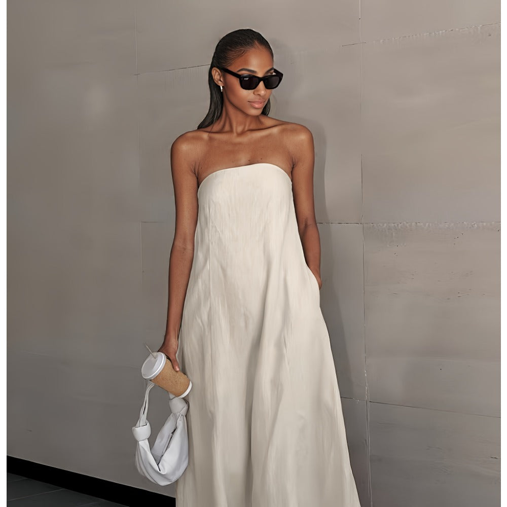 Beige Strapless Maxi Dress with Flowing Silhouette for Women - Margherita
