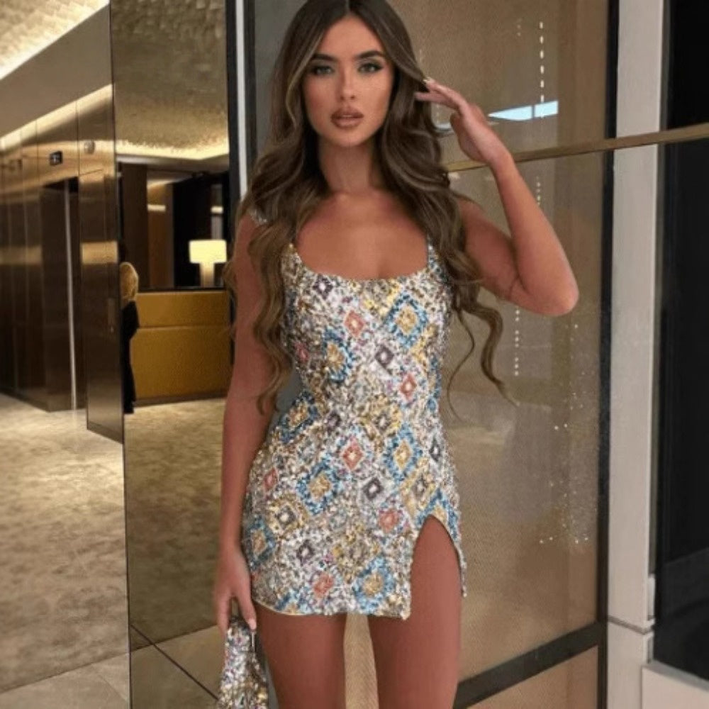 Multicolor Geometric Print Mini Dress with Side Slit for Women - Priscilla