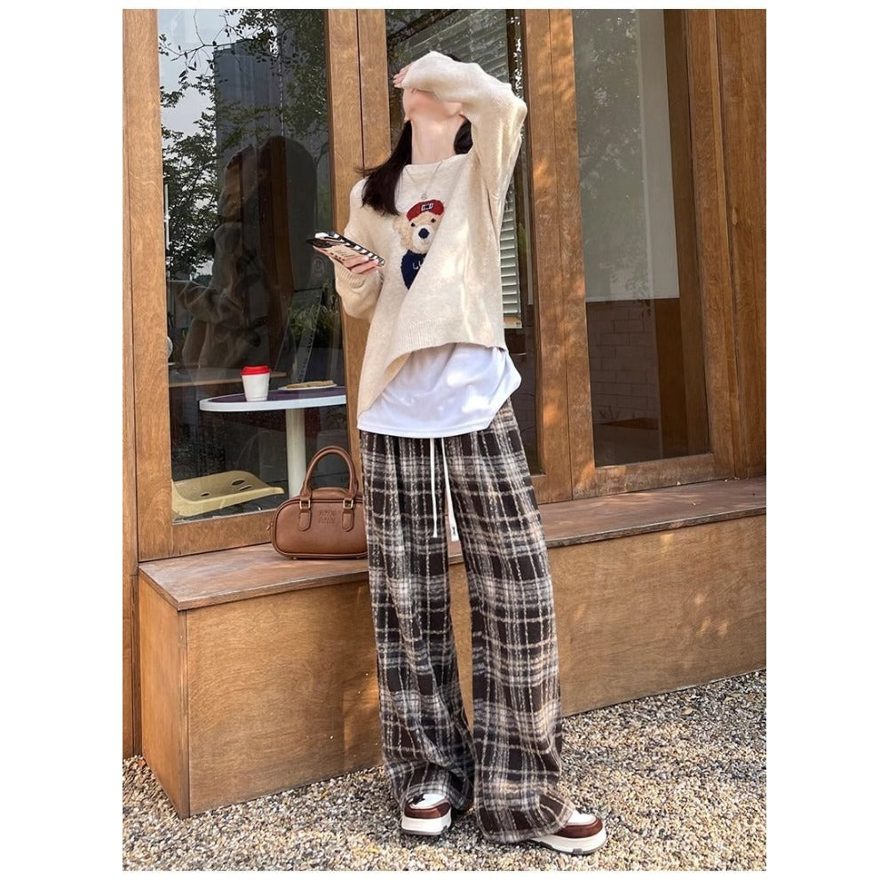 Plaid Wide-Leg Fleece-Lined Pants with Drawstring for Women - Miriam