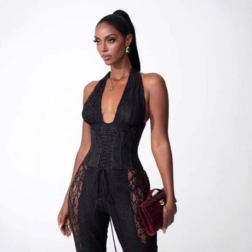 Lace Halter Jumpsuit with Wide Leg for Women - Sabrina
