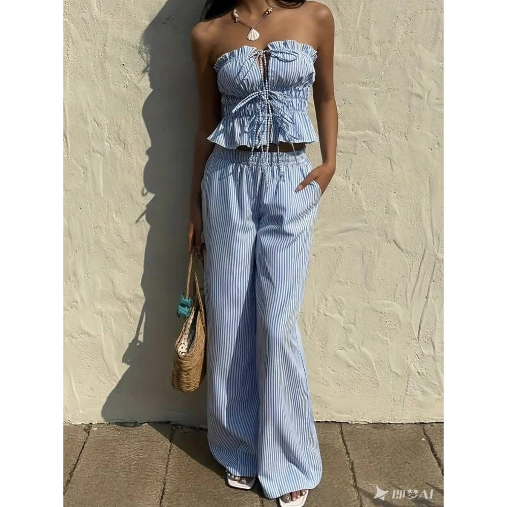 Light Blue Striped Two Piece Pants Set for Women - Gaia