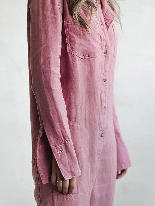Women’s Button Up Jumpsuit with Short Sleeves and Pockets