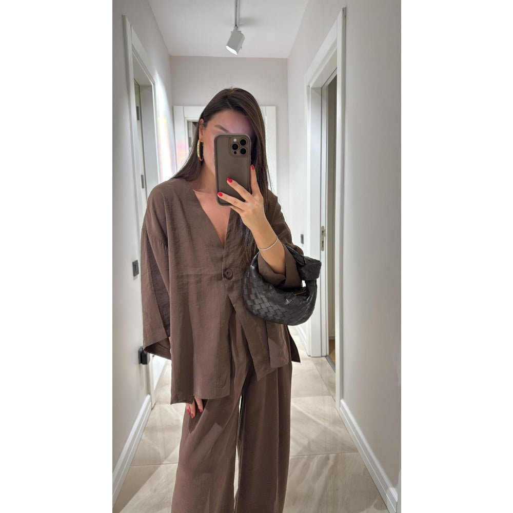 V-Neck Wide Leg Two Piece Pants Set for Women - Rebecca