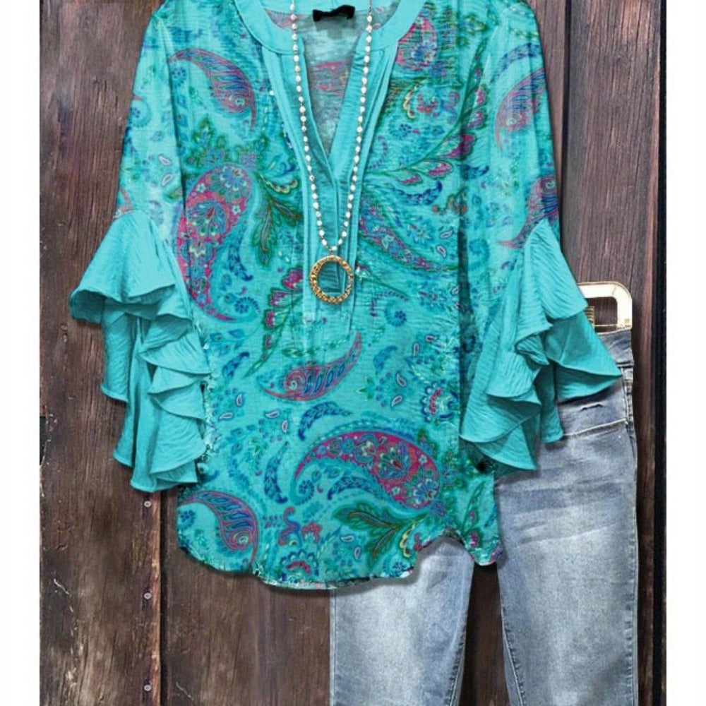 Floral Print Ruffle Sleeve Blouse Top for Women - Rossana