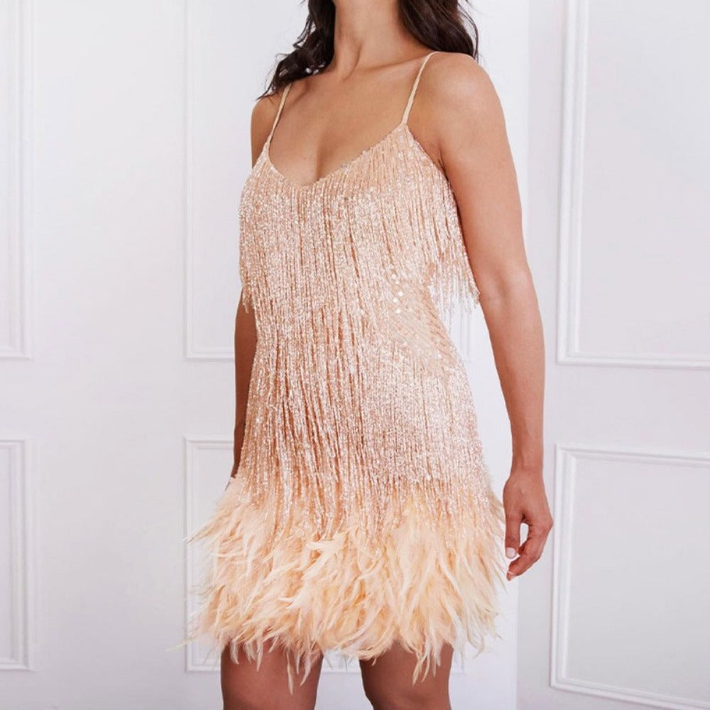 Sequin Fringe Mini Dress with Feathers for Women - Emma
