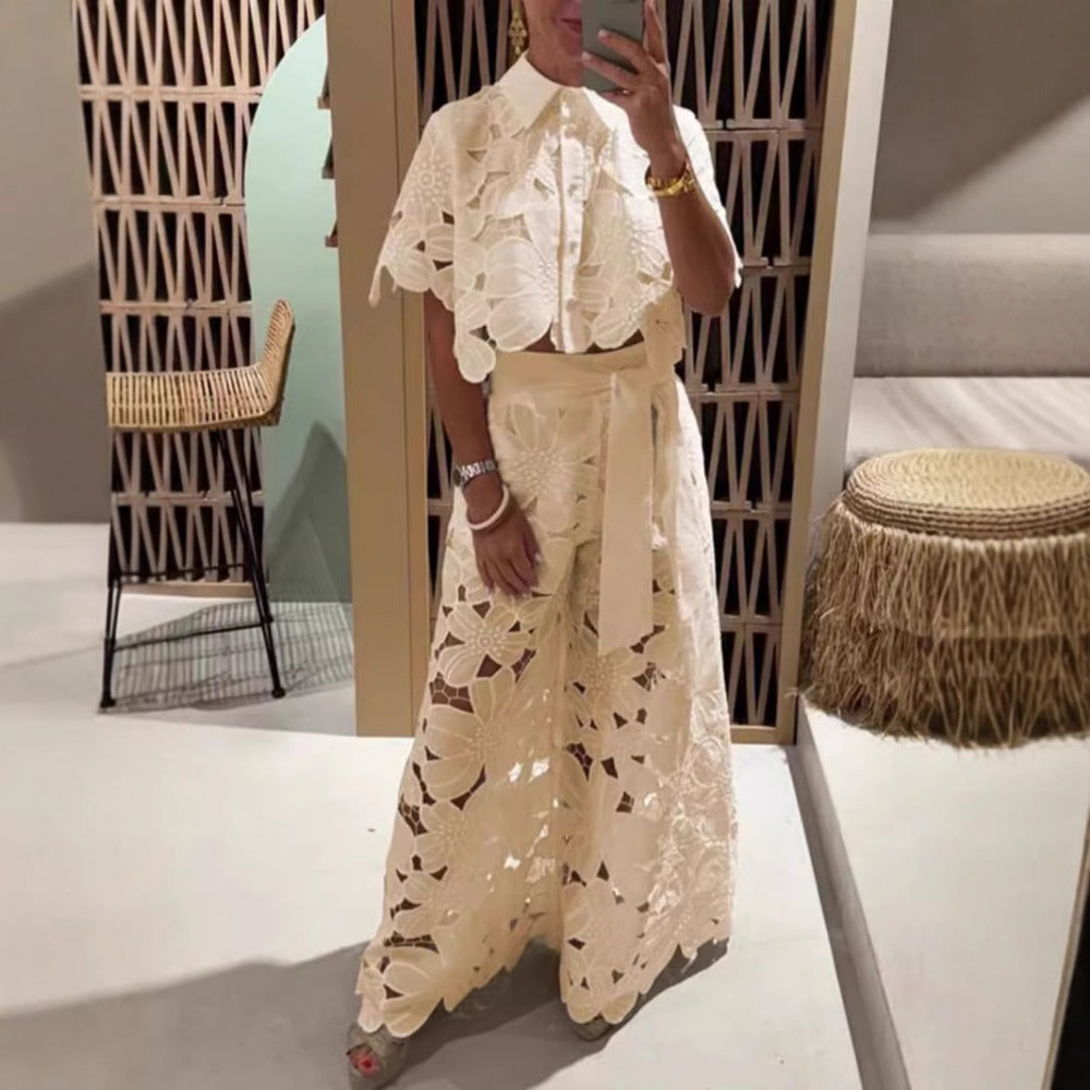 Lace Short Sleeve Top and Wide Leg Pants Set for Women - Virginia