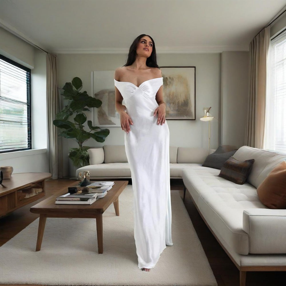 Off-Shoulder Satin Maxi Dress with Side Slit for Women - Aurora