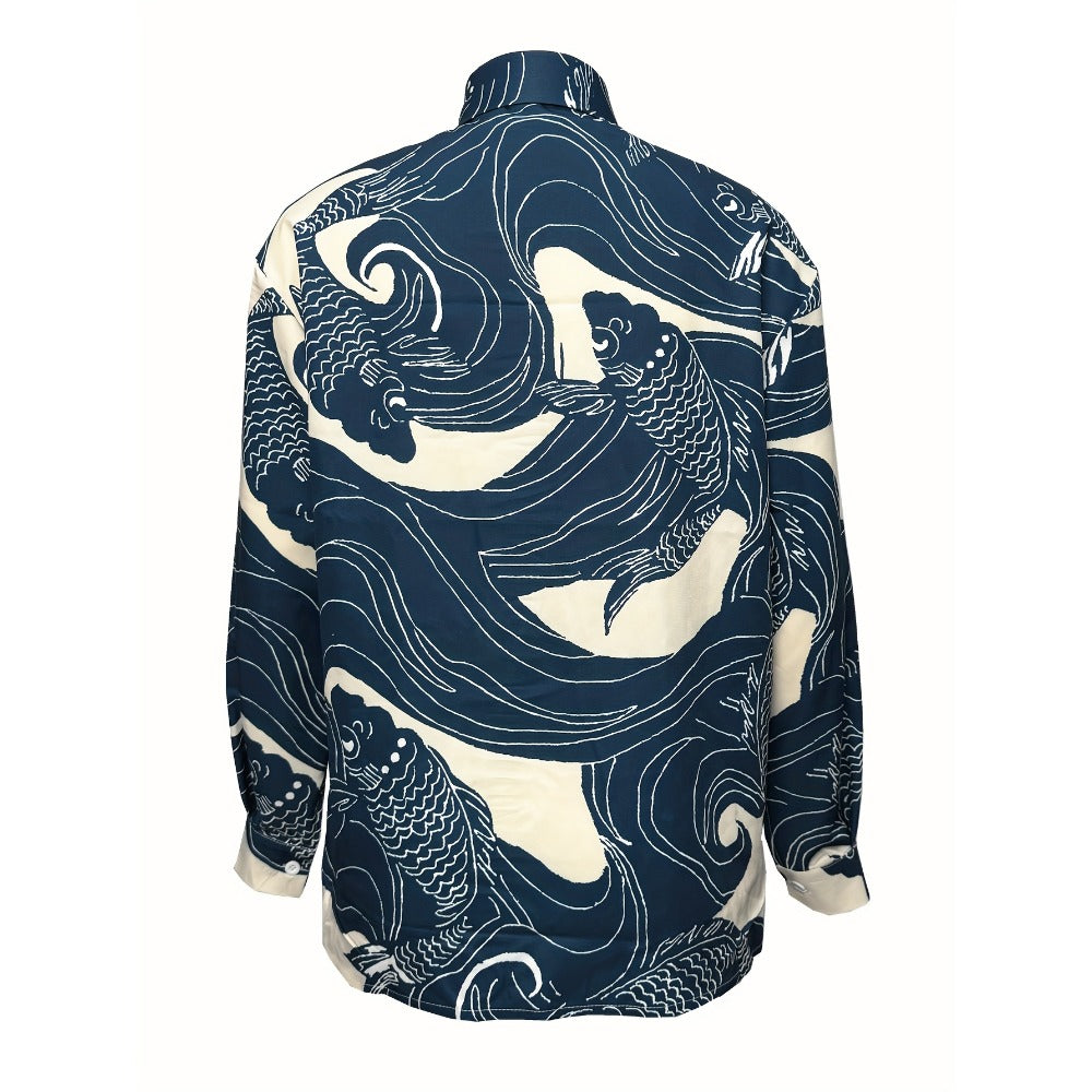 Navy Blue Fish Print Button-Down Shirt for Women - Livia