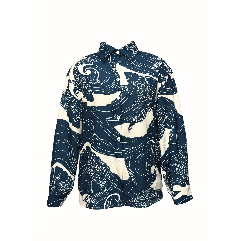 Navy Blue Fish Print Button-Down Shirt for Women - Livia