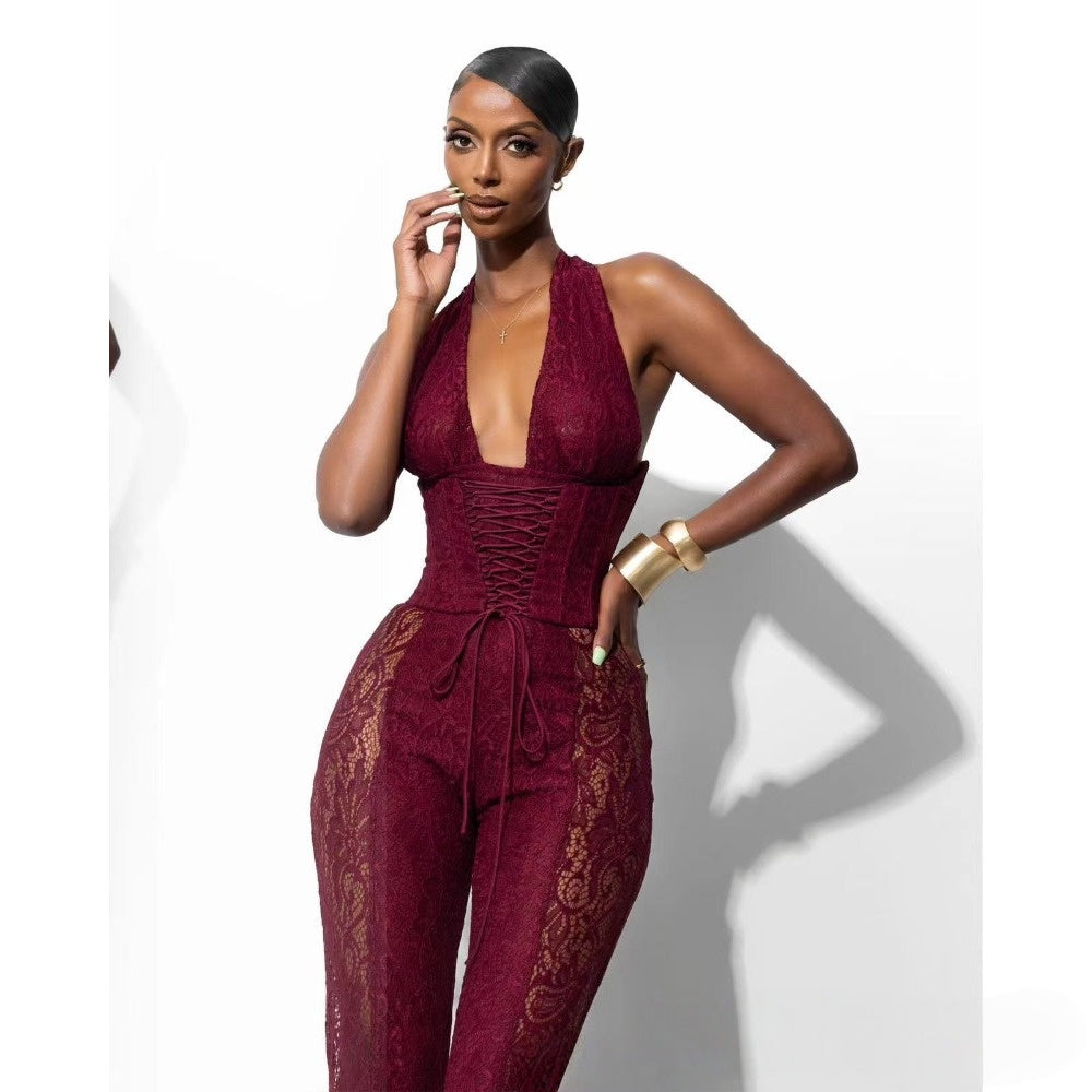 Lace Halter Jumpsuit with Wide Leg for Women - Sabrina