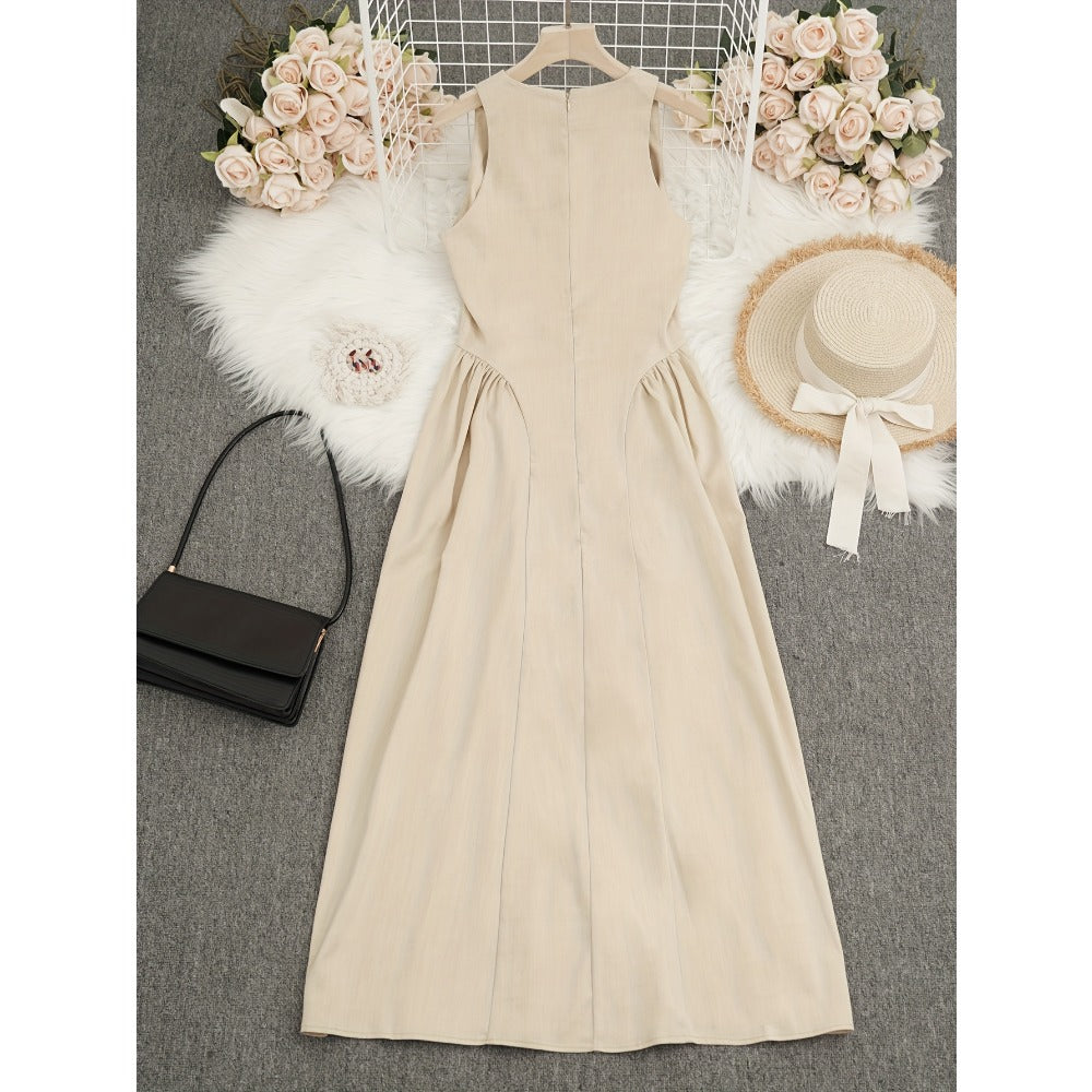 Beige Sleeveless Midi Dress with Keyhole Neckline for Women - Clotilde