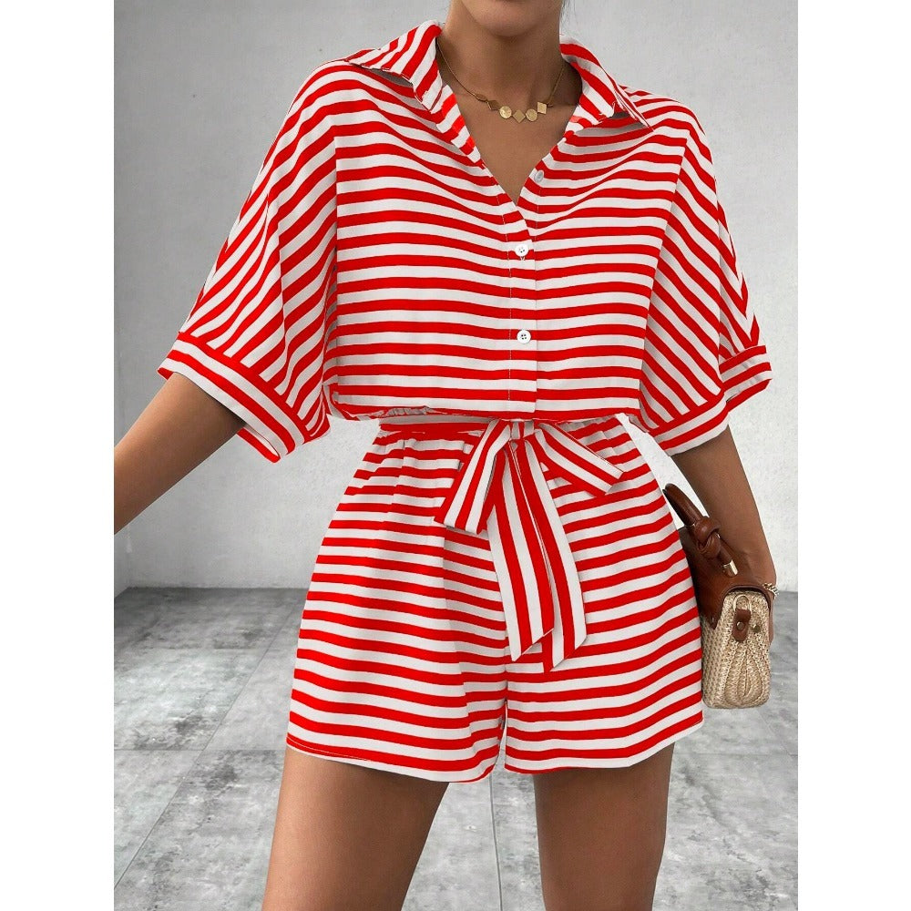 Striped Short Sleeve Belted Romper for Women - Teresa