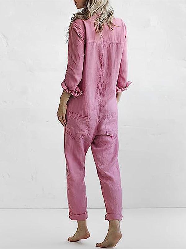 Women’s Button Up Jumpsuit with Short Sleeves and Pockets