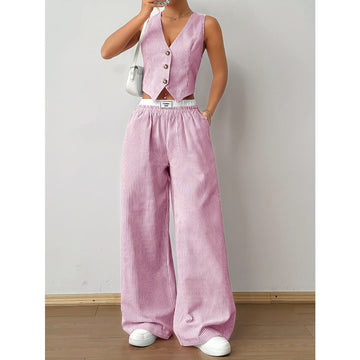 Striped Two Piece Wide Leg Pants Set for Women - Debora
