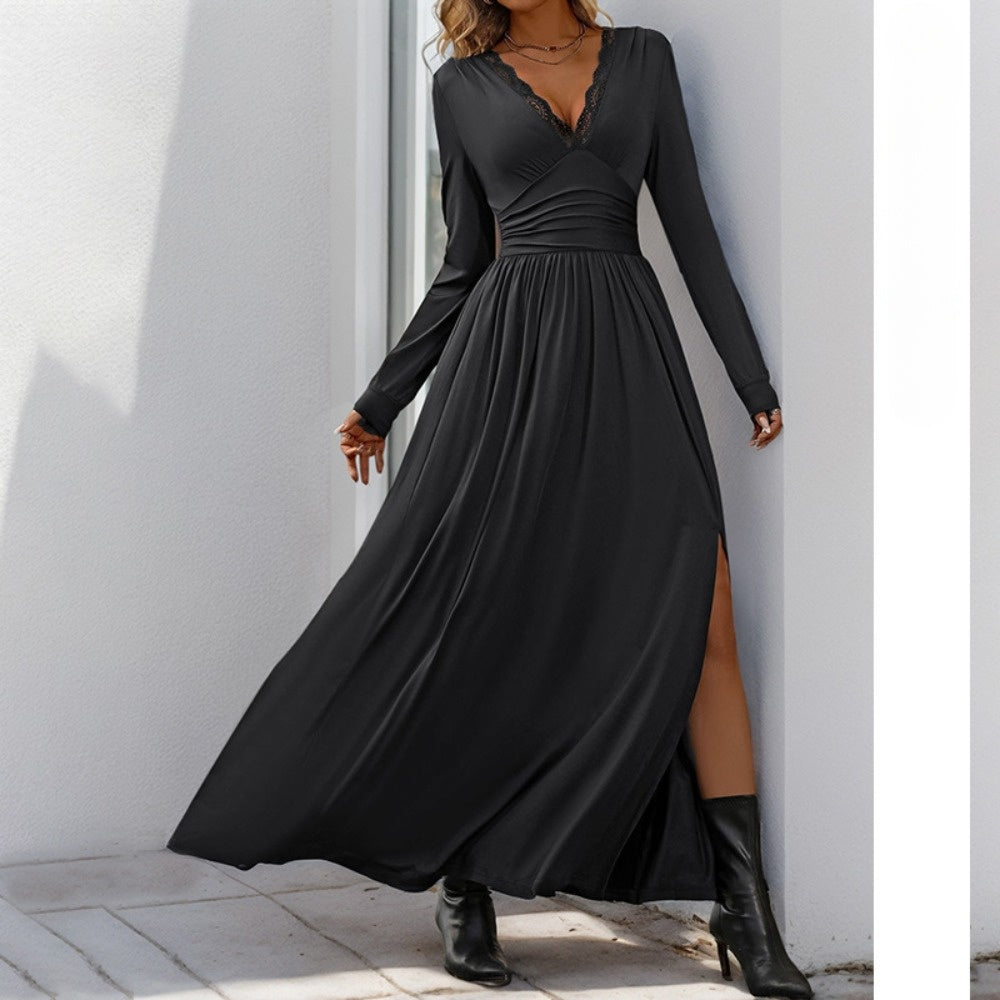 Maxi Dress with Lace V-Neck and Side Slit for Women - Ada