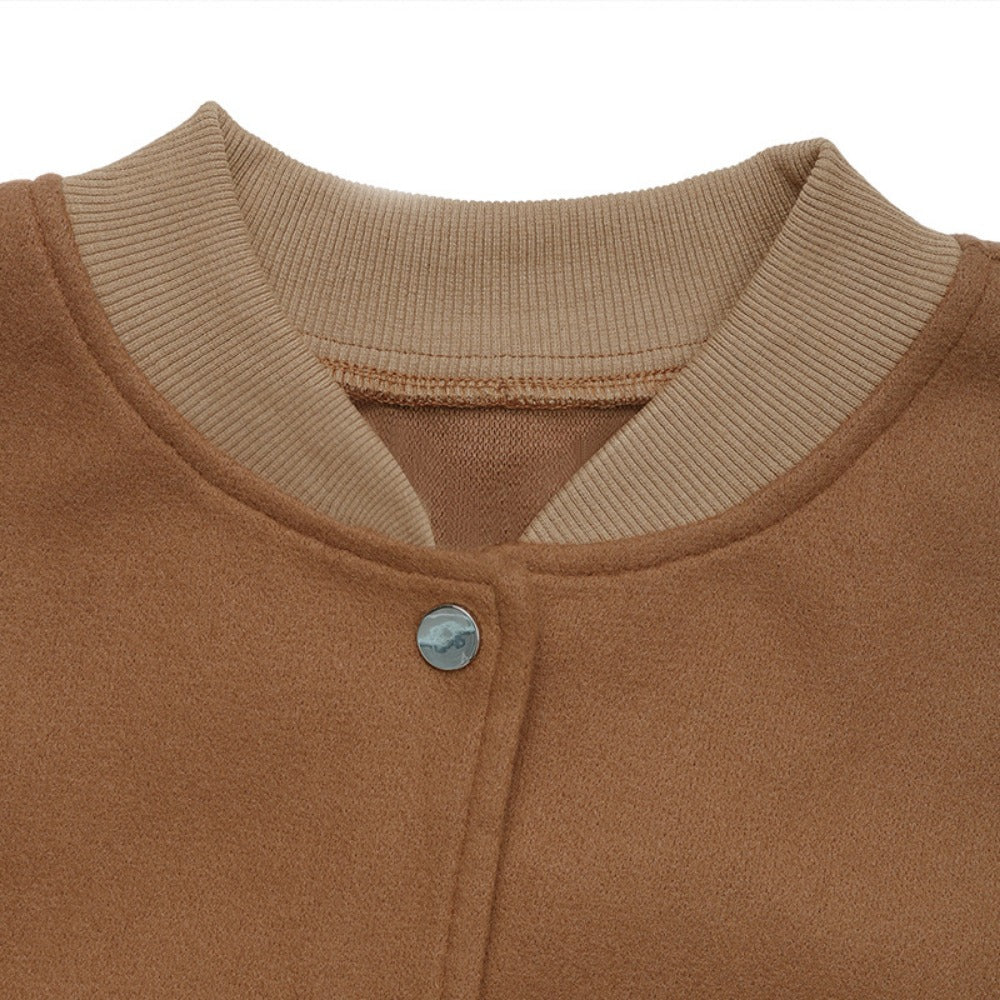 Brown Bomber Jacket with Snap Buttons for Women - Santina