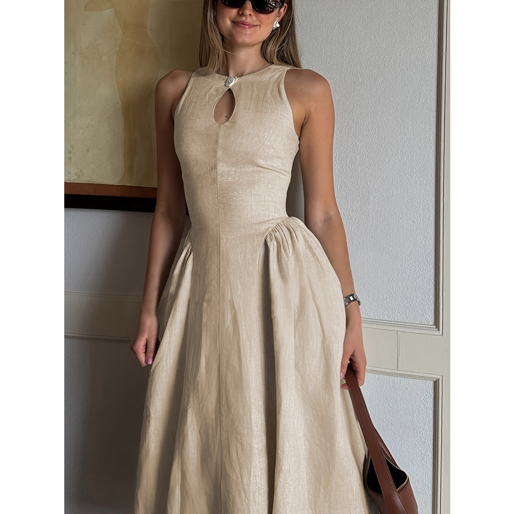 Beige Sleeveless Midi Dress with Keyhole Neckline for Women - Clotilde