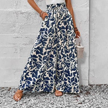 Navy Blue Floral Print Wide Leg Pants for Wome - Ornella