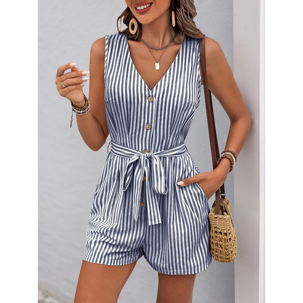 Striped Sleeveless Romper with Tie Waist for Women - Sebastiana