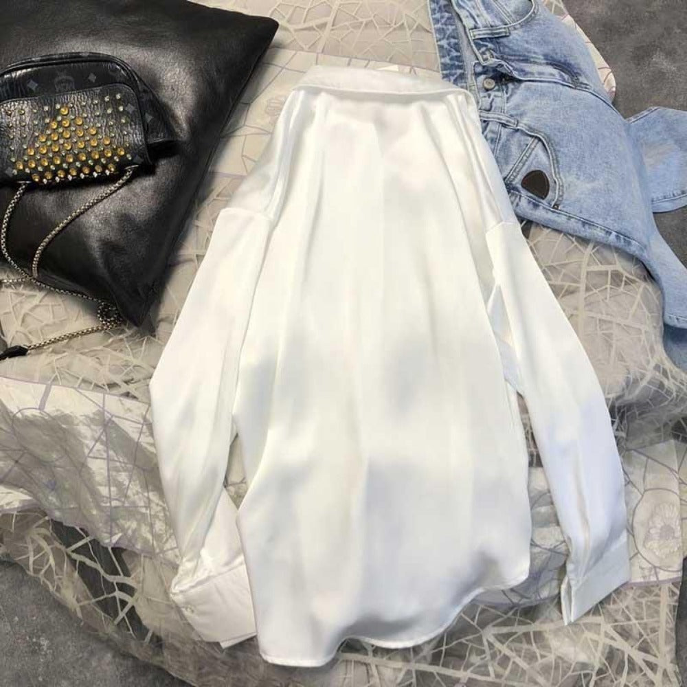 Satin Button Up Long Sleeve Shirt for Women - Leonia