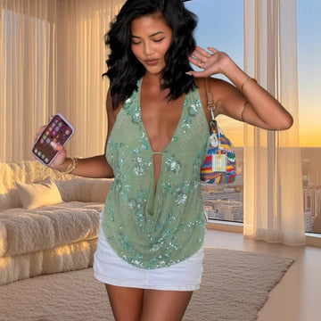 Halter Top with Floral Sequin Detail for Women - Irene