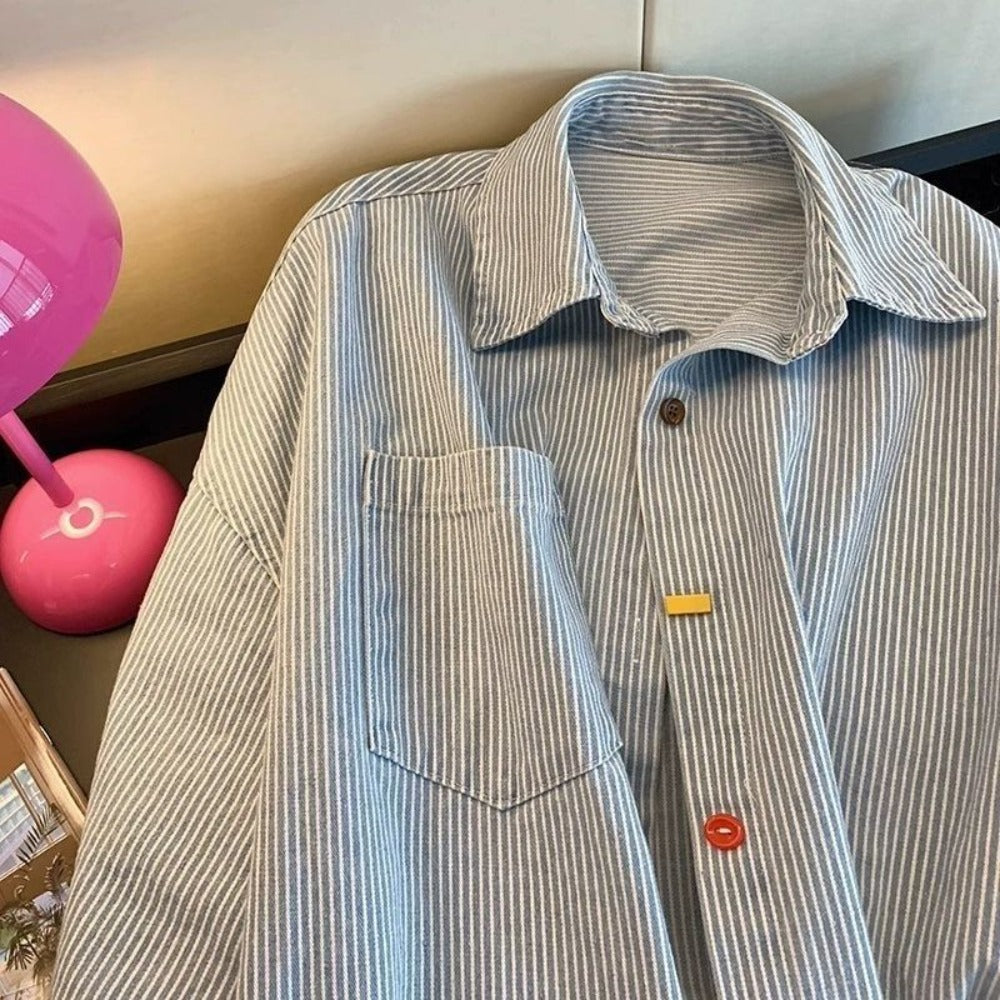 Light Blue Striped Button Down Shirt for Women - Eugenia