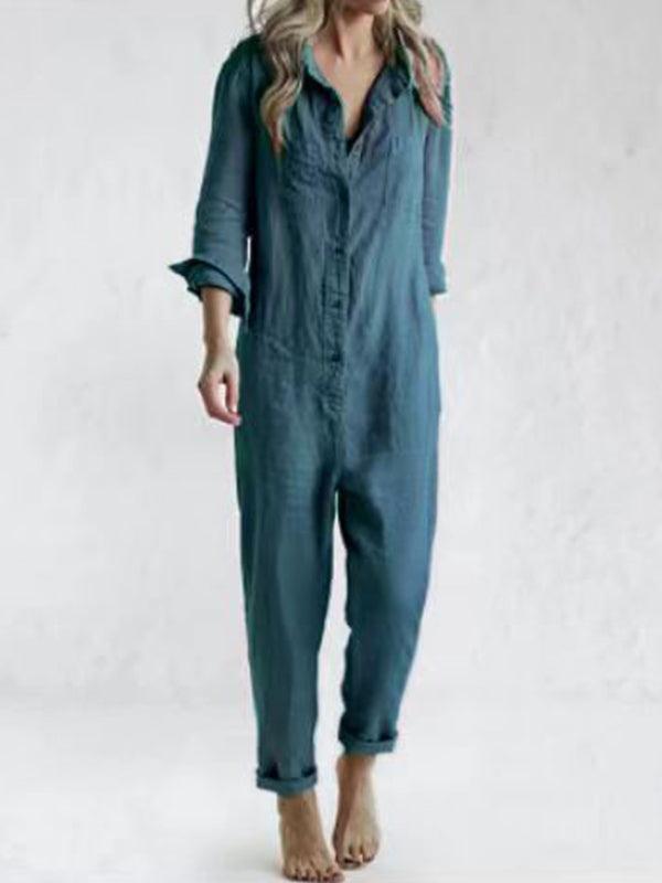 Women’s Button Up Jumpsuit with Short Sleeves and Pockets