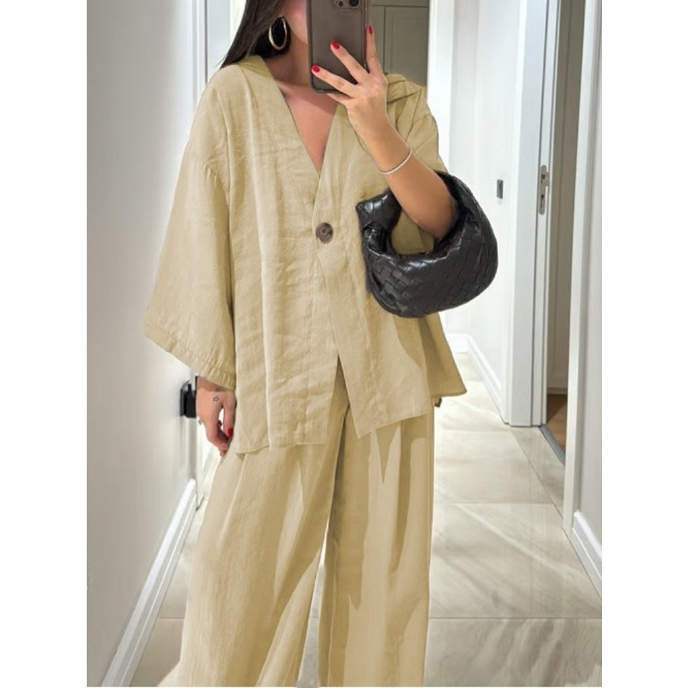 V-Neck Wide Leg Two Piece Pants Set for Women - Rebecca