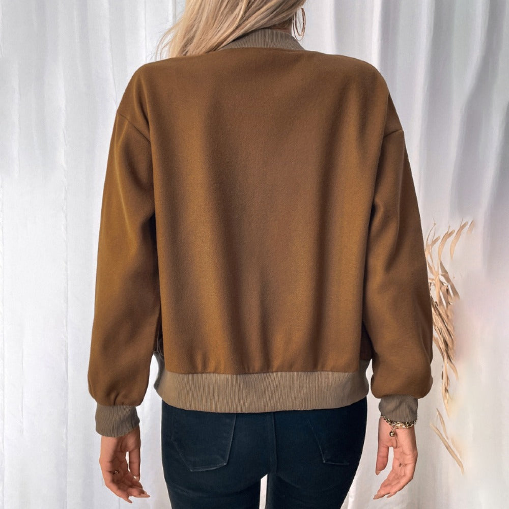 Brown Bomber Jacket with Snap Buttons for Women - Santina