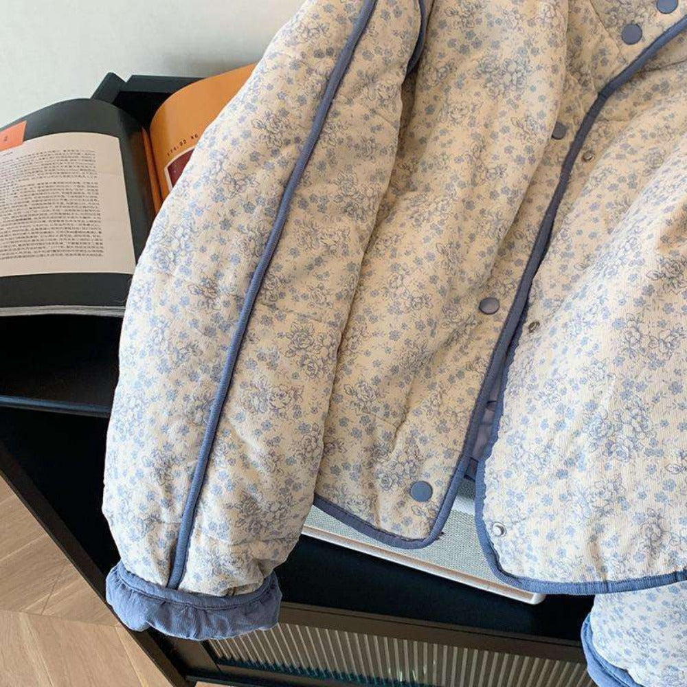 Light Blue Floral Quilted Jacket with Snap Buttons for Women - Sabrina