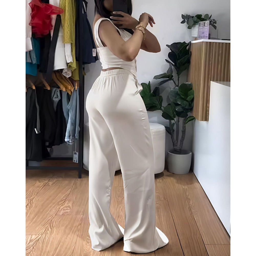 Sleeveless Button Top and Wide Leg Pants Set for Women - Barbara