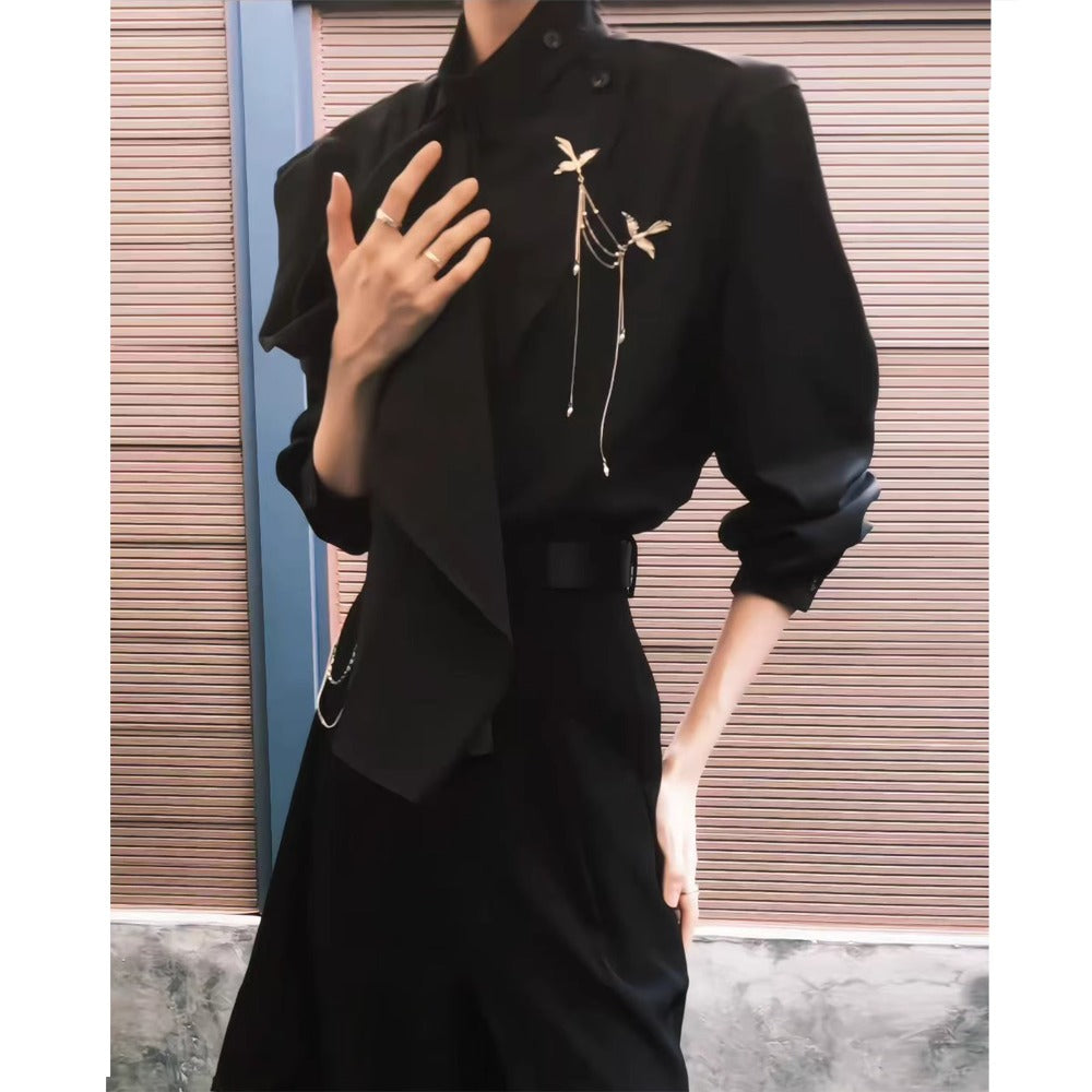 High Neck Long Sleeve Blouse with Draped Detail for Women - Teresa